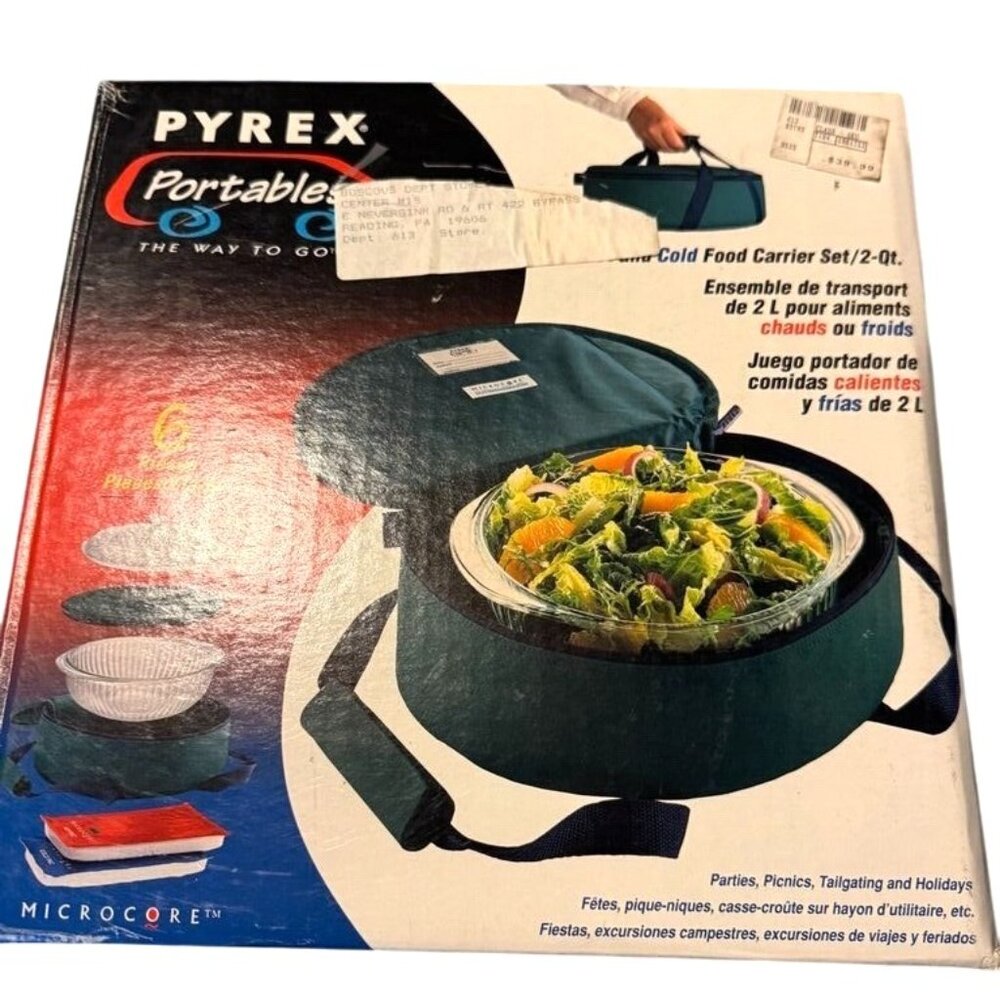 PYREX Portables Hot  Cold Food Carrier Set / Sculptured 2-Qt Glass Casserole Dis